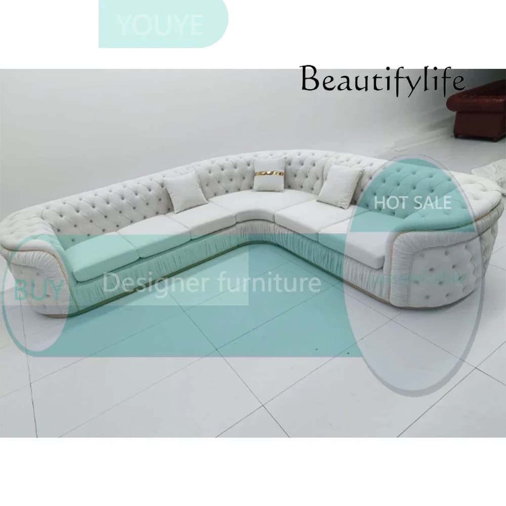 Sc N68 Luxury Chesterfield Sectional Sofa Set with Cloth Buttons and Fabric Modular Couch with Gold Stainless Steel Base, 3-seat