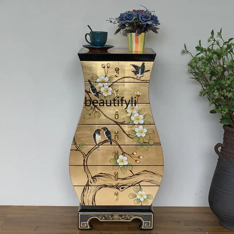 New Chinese Style Entrance Hall Cabinet Living Room Classical Gold and Silver Foil TV Side Cabinet American Style Drawer