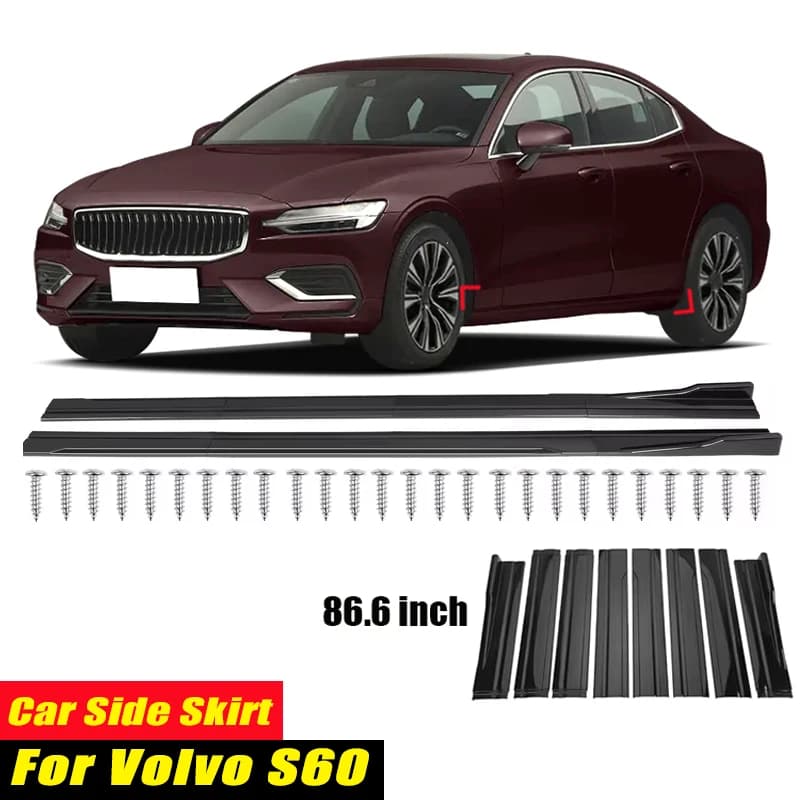 For Volvo S60 Racing Style Side Skirts 86.6Inch 2.2M Rocker Panels Side Lip, ABS 8Pcs Glossy Black Car Body Kit