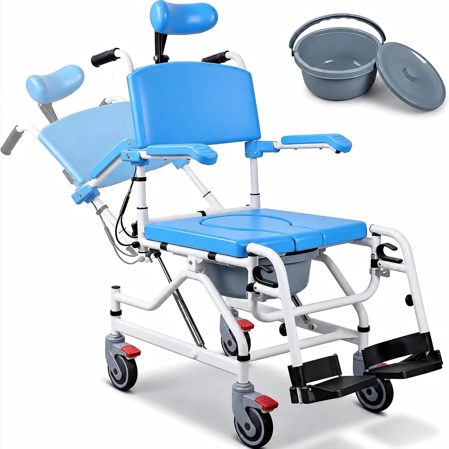 Reclining Shower Chair with Wheels & Commode Bucket, Waterproof Rolling Shower Wheelchair for Seniors & Disabled, with Safety