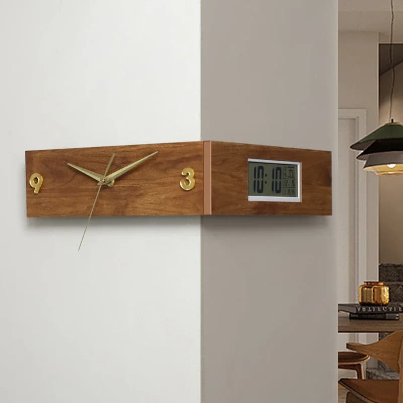 Double-Sided Living Room Clock Walnut Corner Clock Dining Room Wall Clock Office LCD Digital Timepiece Great for Office Spaces