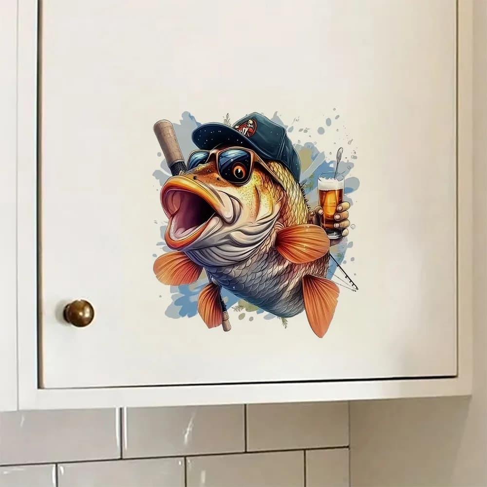 Mr. Fun Fish Anime Sticker, Art Wall for Home, Cabinet, Refrigerator, Door, Toilet,Decoration, Vinyl Car
