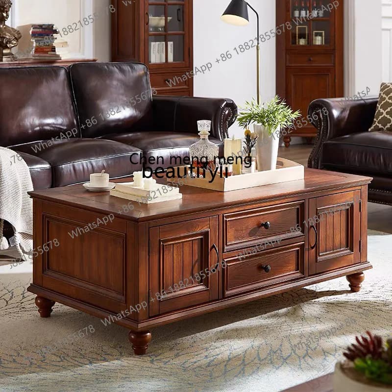 X  White toon wood, all solid wood coffee table, living room storage rectangular tea table small apartment