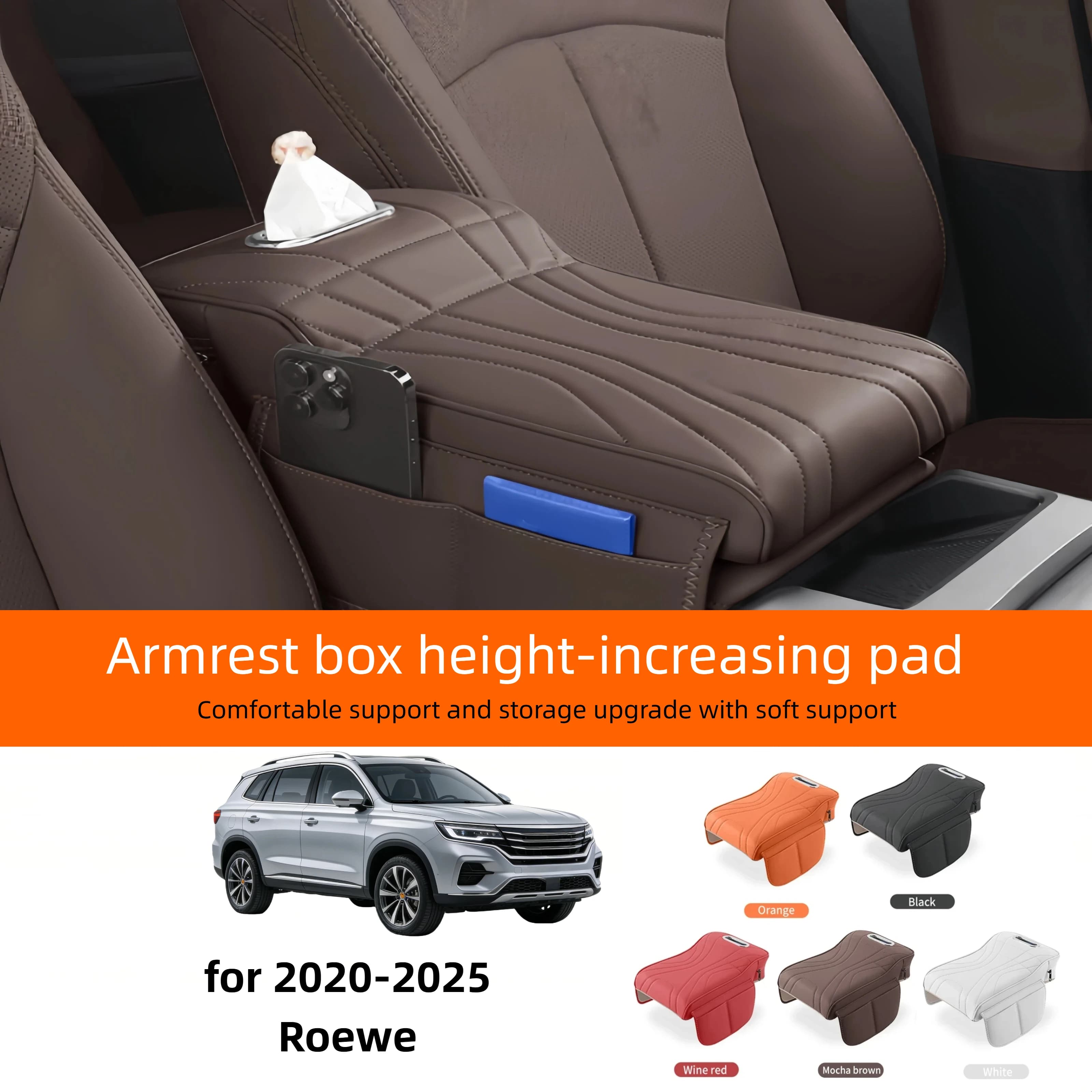 Car Central Armrest Cushion for Roewe i5 DMH/RX5 MAXDMH/eRX5/ Ei5/i6 - Thickened Heightened Protective Cover with Tissue Storage