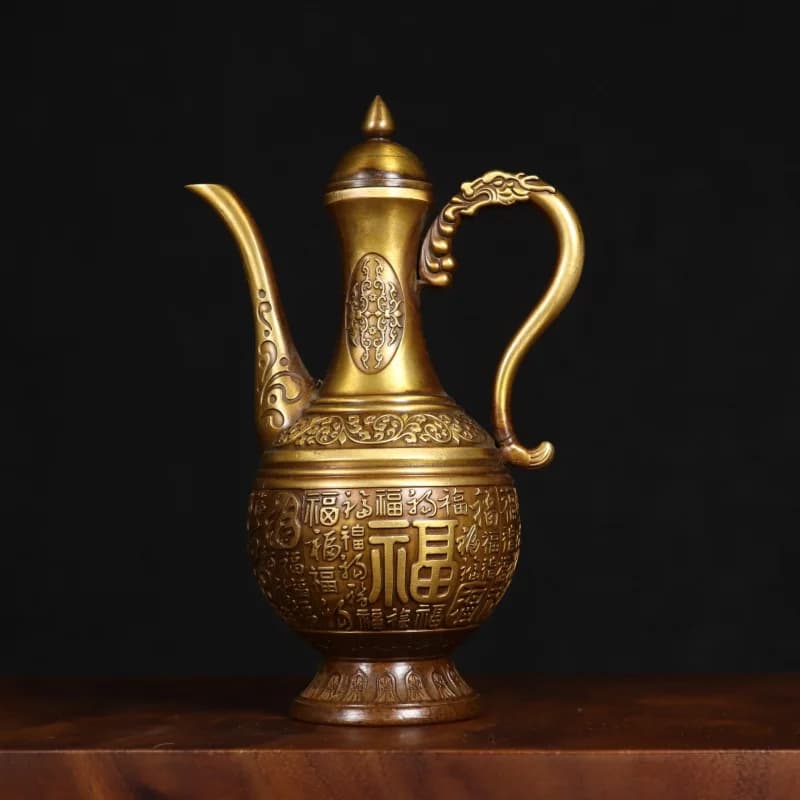 Brass "Hundred Blessings" Ornament, Copper Tall Wine Flask, Antique-Style Decorative Gift with Buddhist Scripture Pap
