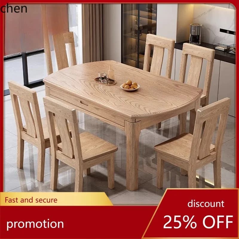 HT Solid Wood Dining Table and Chair Set, Extendable Square and Round Dual-use Dining Table, Modern Simple Round Table