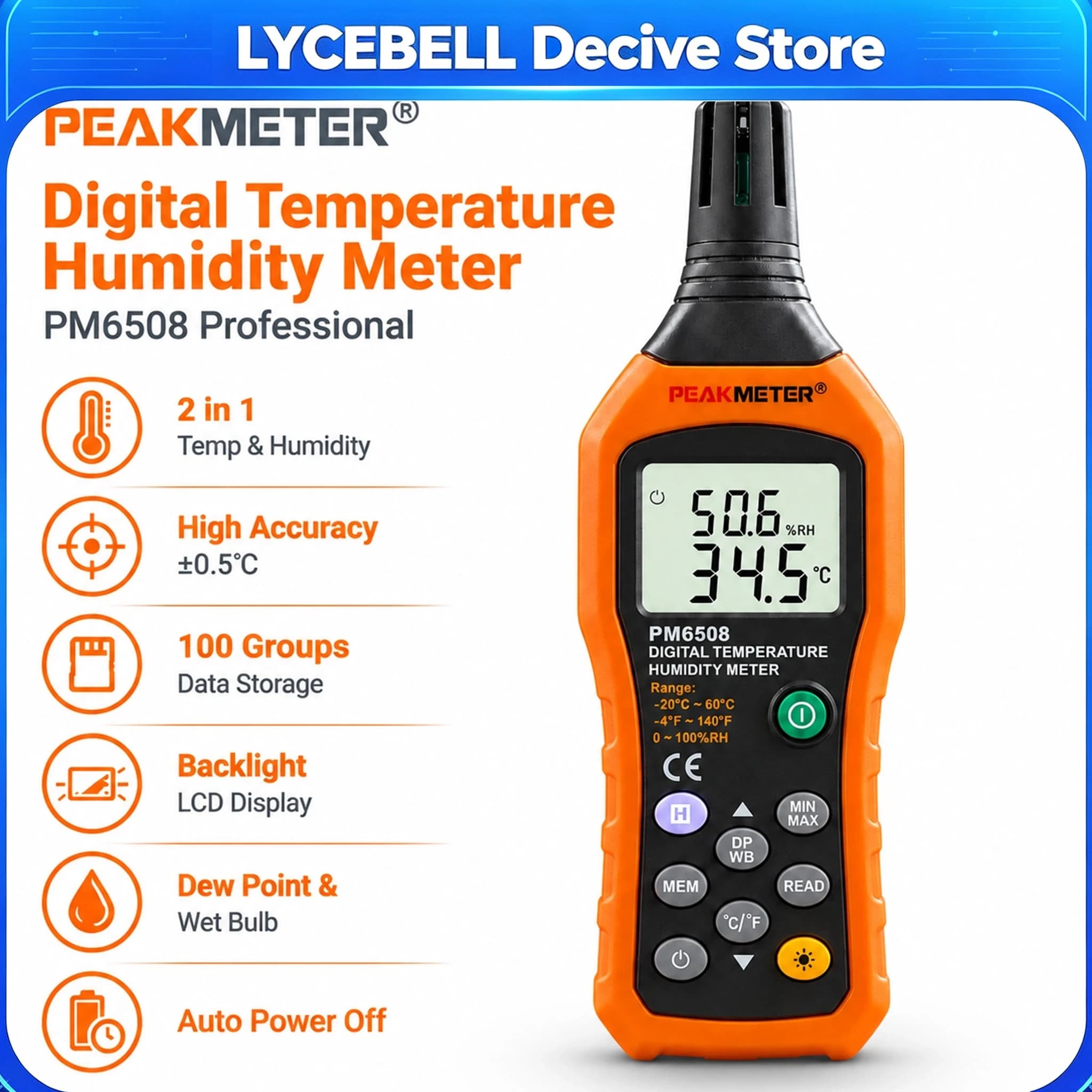 Digital Thermometer Hygrometer PM6508 Temperature Humidity Meter Handheld Indoor Air Quality Monitor with Backlight CE Certified