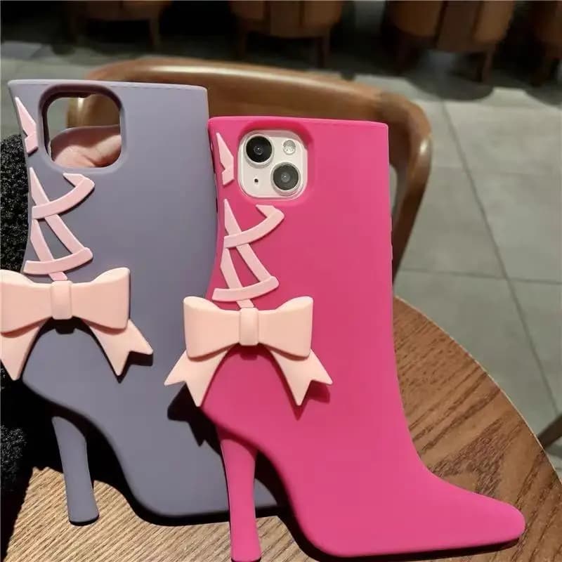 3D high-heeled boot phone case, pink silicone protective case, girly Y2K fashion phone case, suitable for iPhone 15/14/13/12 Pro