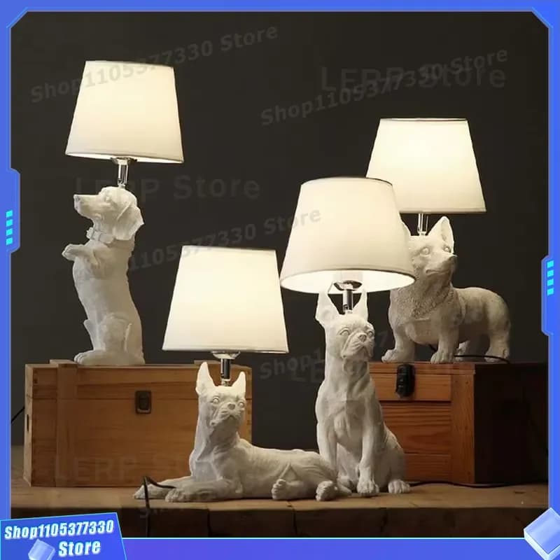 Modern Resin Animal Desk Lamp Creative Dog Monkey Bird Sculpture Fabric Shade Light for Children Bedroom Living Room Home
