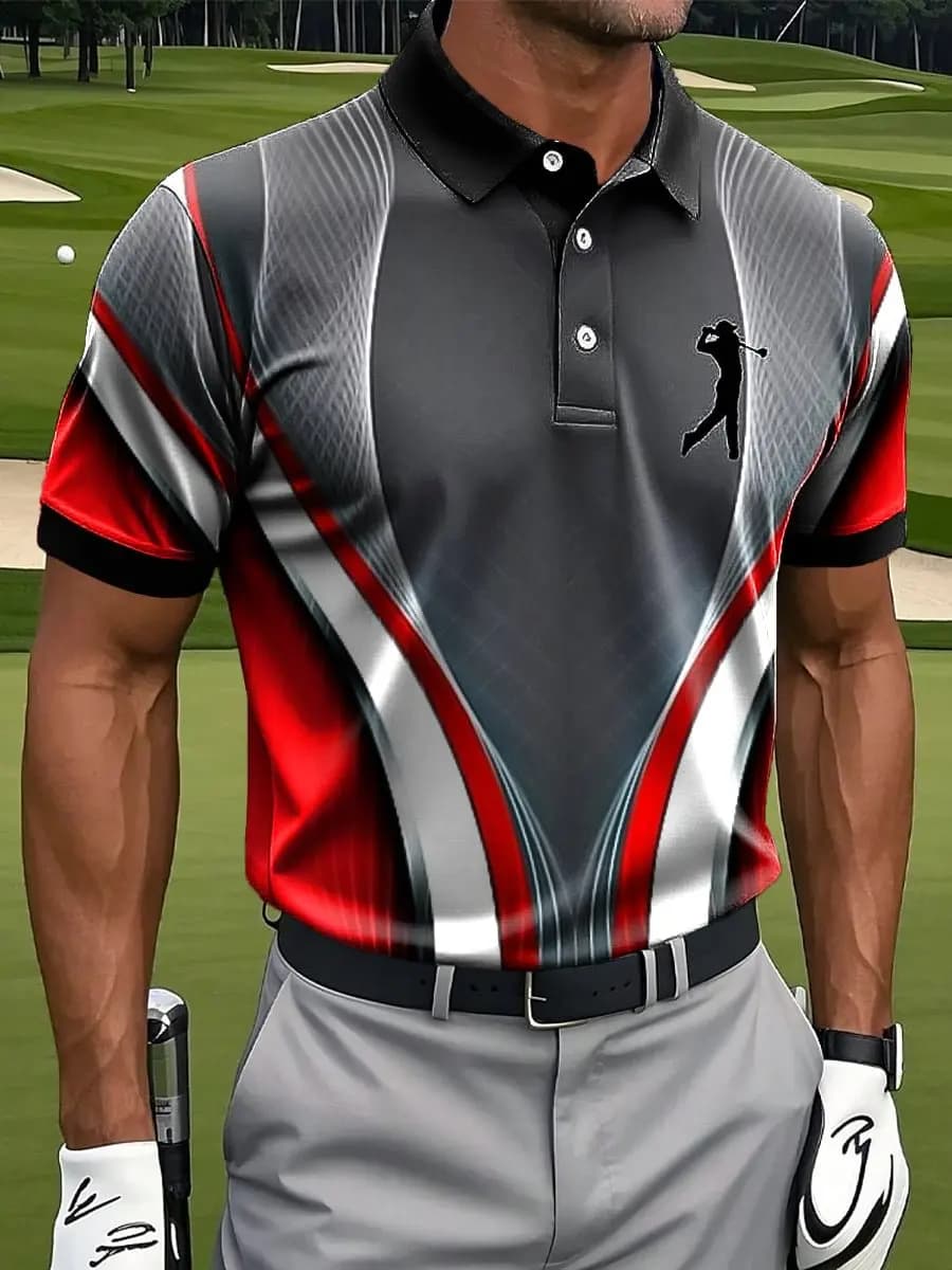 Men's Abstract Geometric Line Art Print Casual Business Polo Shirt Short Sleeve Golf Shirt