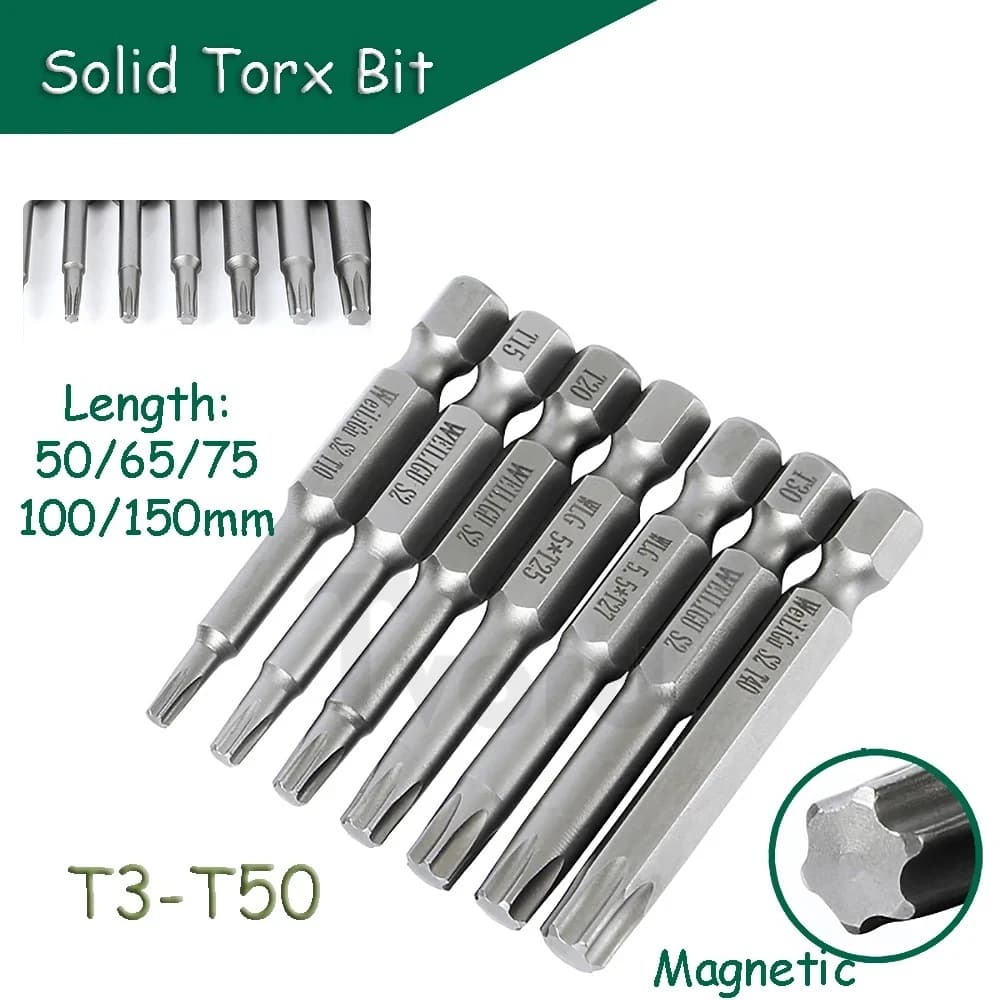 Torx Head Bit Set  Solid Screwdriver Magnetic 1/4" Hex Shank S2 Steel 50/65/75/100/150mm Long Drill Bits Security Bits T3-T50