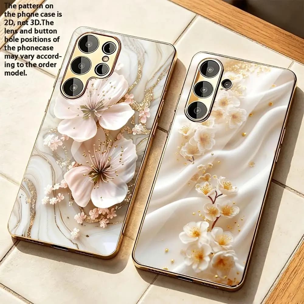 Gold pink flower pattern glass phone case for Samsung Galaxy S26 S25 S24 S23 S21 S20 fe/plus/Ultra hard case back cover