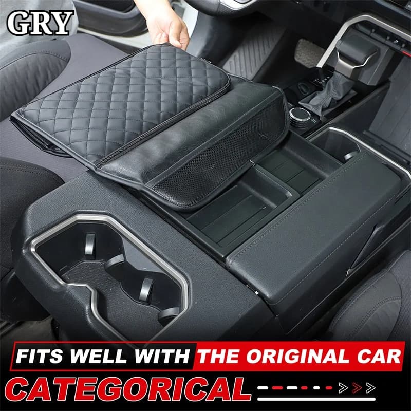 Center Console Armrest Box Lid Cover Pad With Storage Bag For Toyota Tundra 2022-2026 leather Black Interior Accessories
