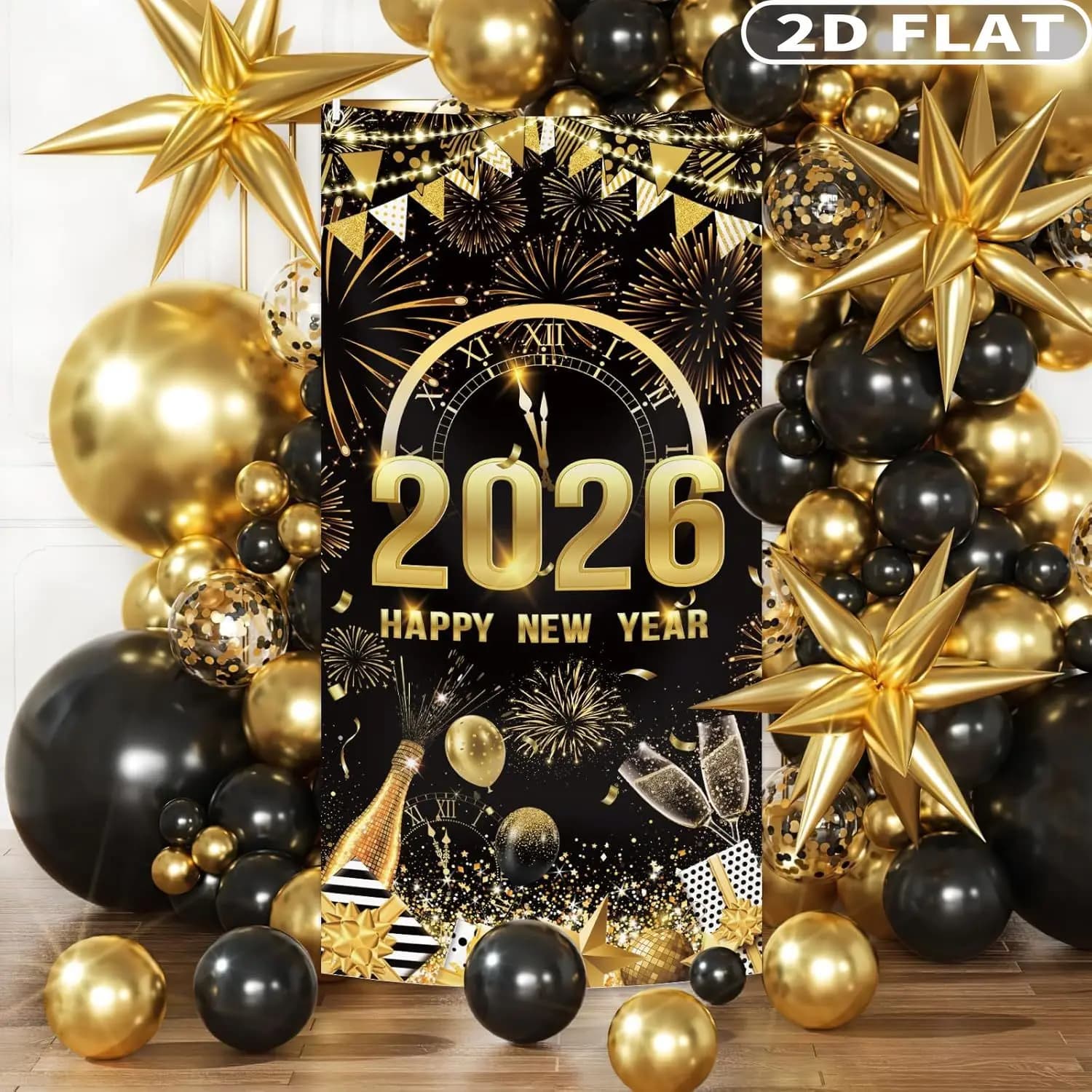 1 Count Black And Gold 3x6 FT Happy New Year Hanging Festive Backdrops & Banners, Cheers To 2026 Door Cover Polyester New Year