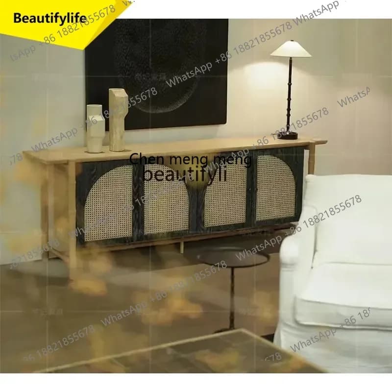 E153 Vintage Style Solid Wood Woven Rattan TV Cabinet Living Room Sideboard Designer Homestay Decorative Entryway Cabinet