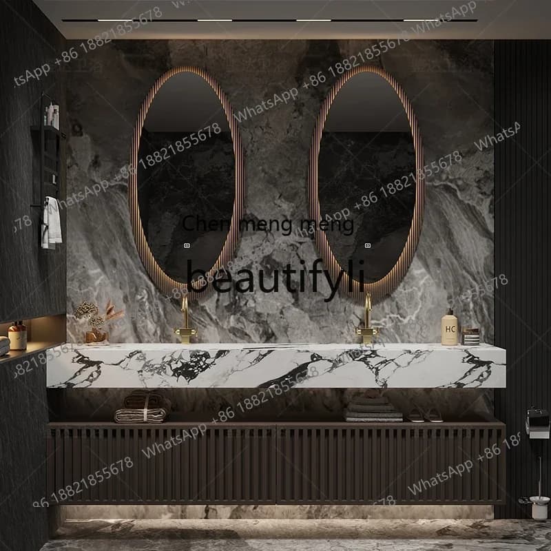 C Light luxury hotel wind rock slab seamless double basin bathroom cabinet washstand solid wood hand washbasin cabinet