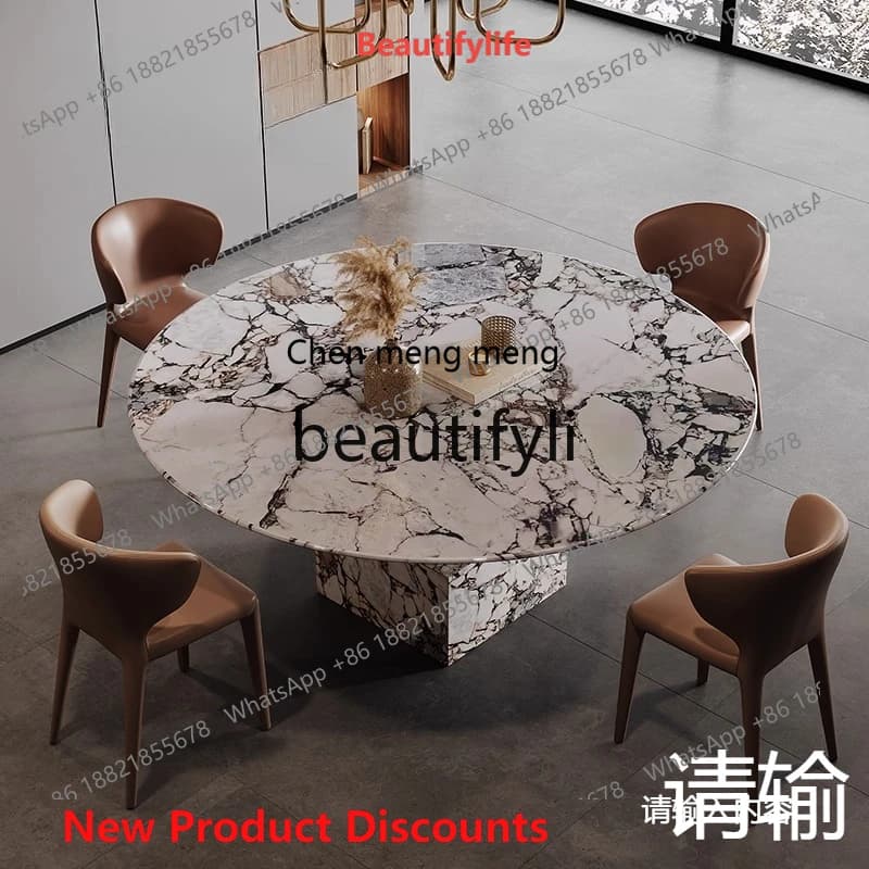 2003 Natural Marble Dining Round Table Light Luxury Minimalist Dining Table and Chair Set Postmodern Round Shape