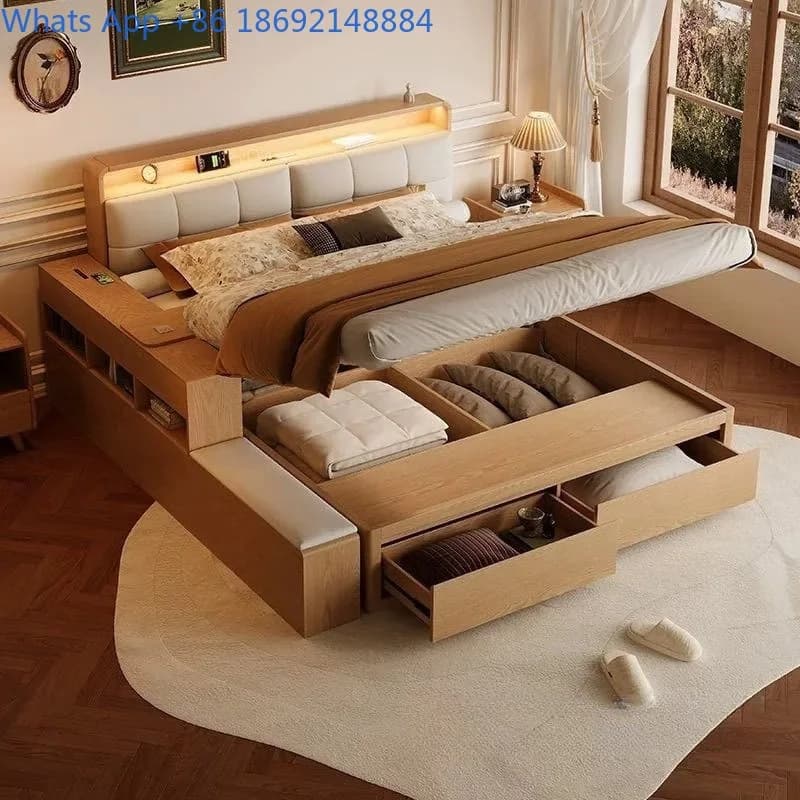 All Solid Wood Storage Bed Modern Minimalist Master Bedroom double Bed Marriage Bed