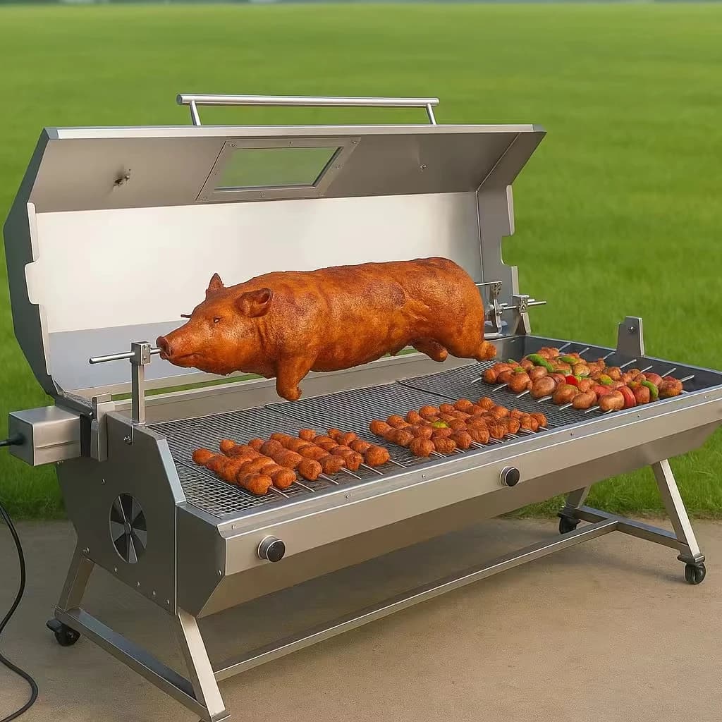 High Quality BBQ Rotisserie Grill Set With Trolley Electronic Ignition High Pressure Tube Burners For Kitchen & Party Use