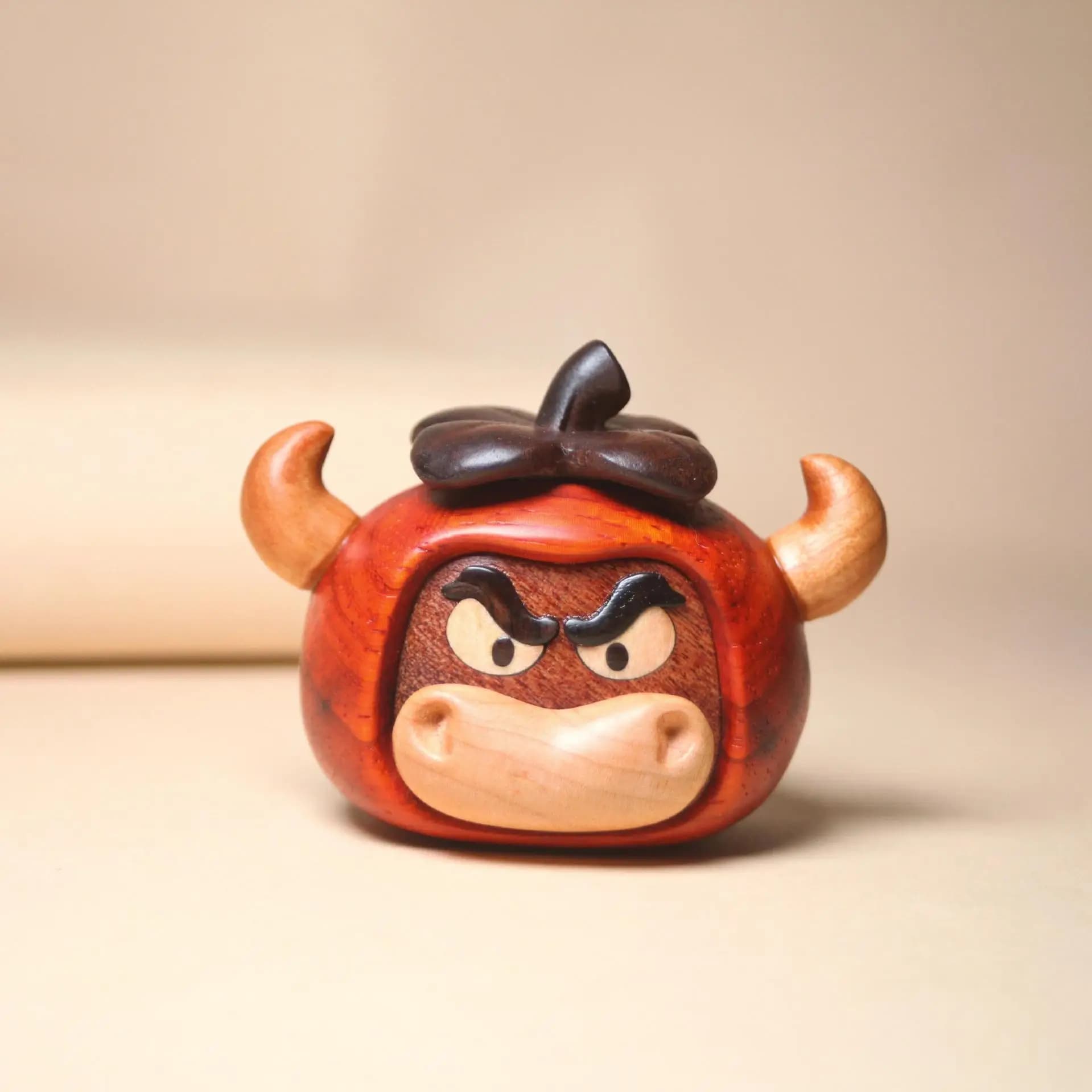 Padauk Wood Carved Bull Head Figurine Cartoon Bull Market Ornament Creative Wood Craft Desktop Decor Anime Style Souvenir Gift