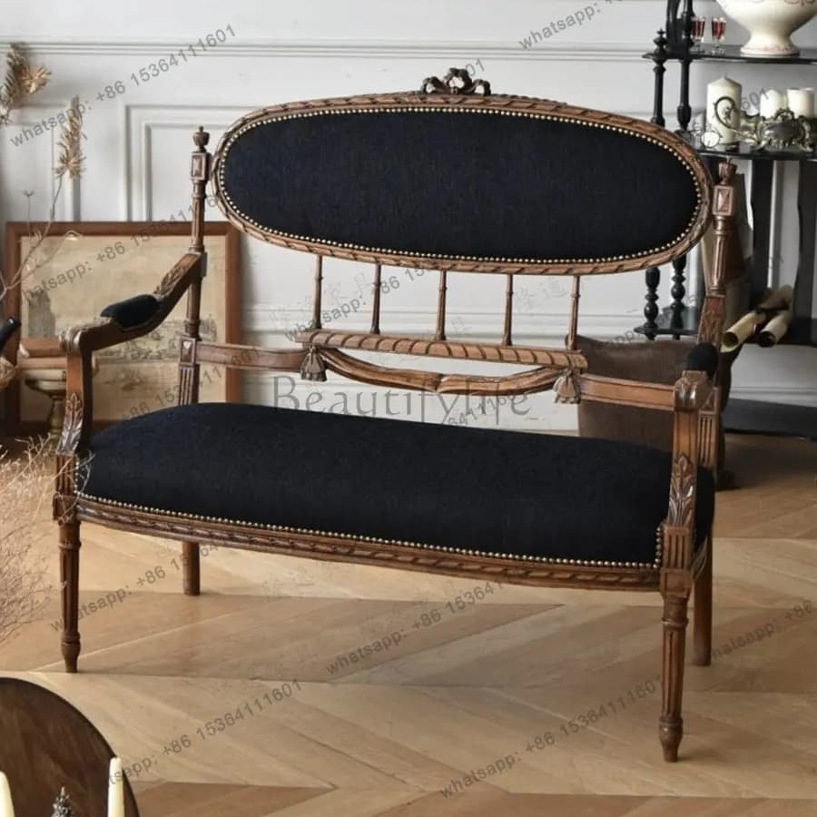 European solid wood retro sofa hollow engraved black soft bag sofa chair