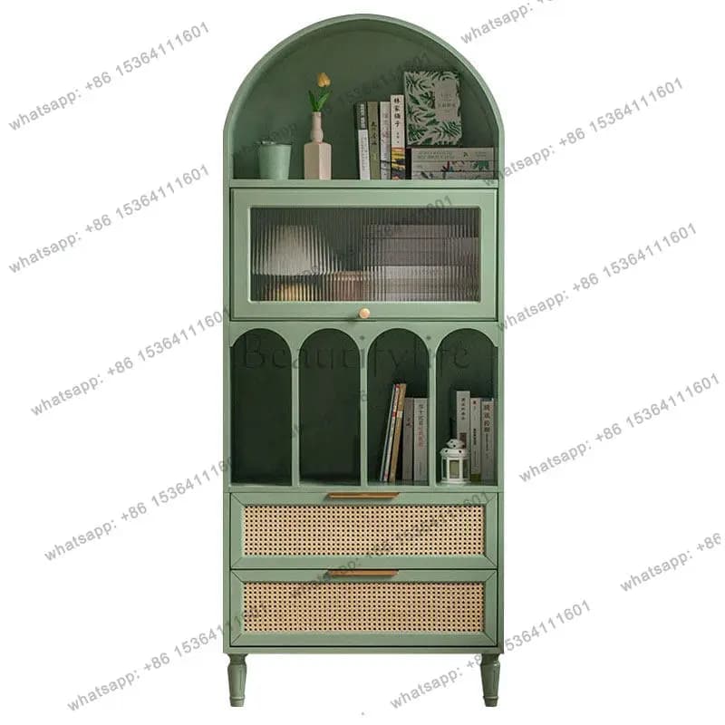 French retro bookcase arched dining edge rattan Changhong glass arch study file cabinet