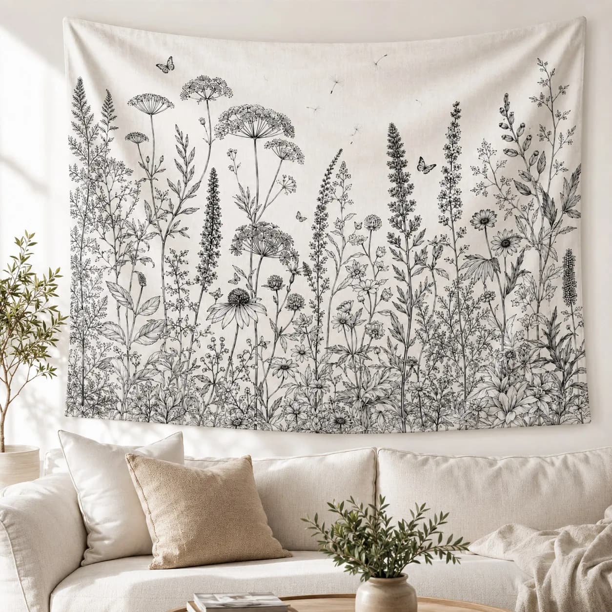 Black White Wildflower Tapestry Botanical Line Art Wall Hanging Minimalist Floral Decor for Bedroom Living Room Dorm Home