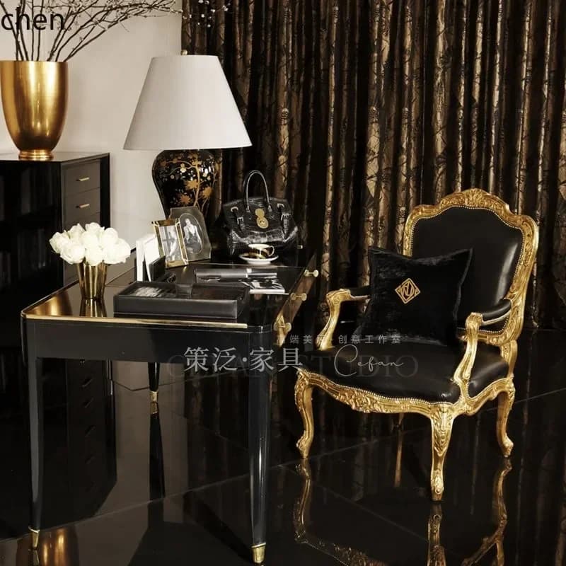j4  Desk Chair Vintage Distressed Armchair French Style gold All Solid Wood Genuine Leather Single Sofa