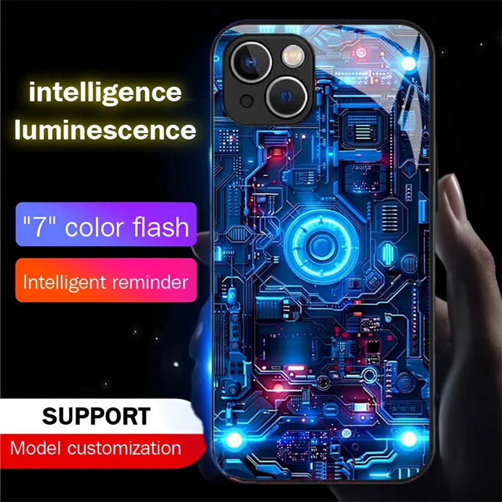 Luxury Blue Chip Pattern Luminous Glass LED Call Light Up Flash Phone Case Cover For iPhone Air 18 17 16 E 15 14 13 12 Pro Max