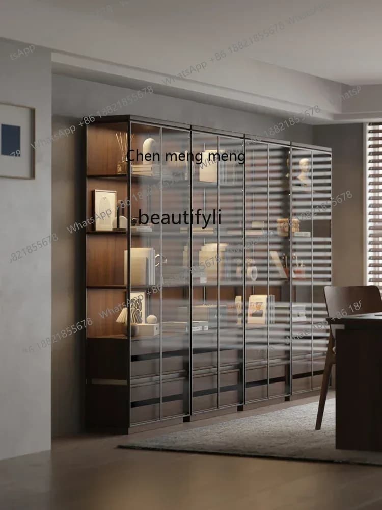 M182 1Solid Wood Floor Bookcase Black Walnut Display Cabinet Made of Glass Entire Wall Living Room Tea Set Assembled Cabinet