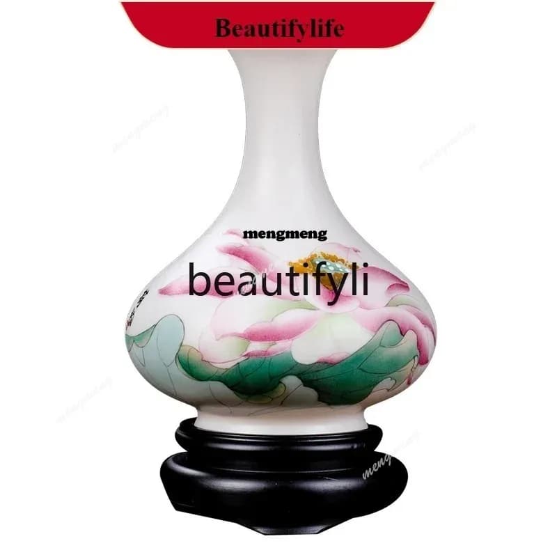 Suet jade ceramic hand-painted lotus rhyme small vase ornament,  flower arrangement Chinese-style home classical decoration  DD