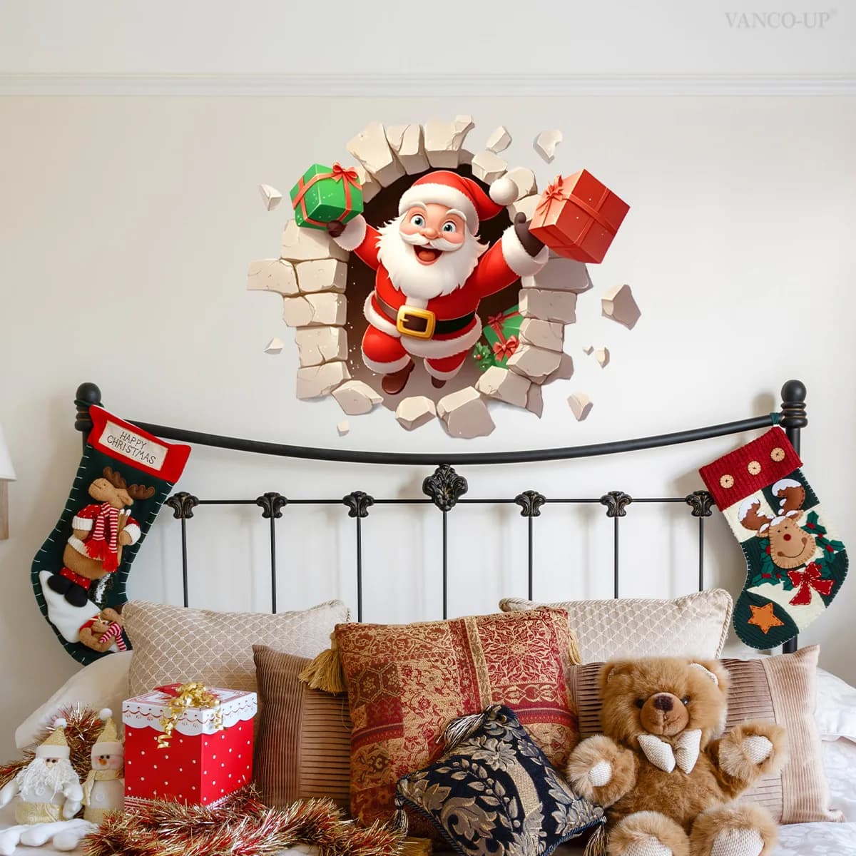 3D Santa 'Breaking Wall' Decals - Christmas Character Stickers for Kids' Room & Festive Home Decor