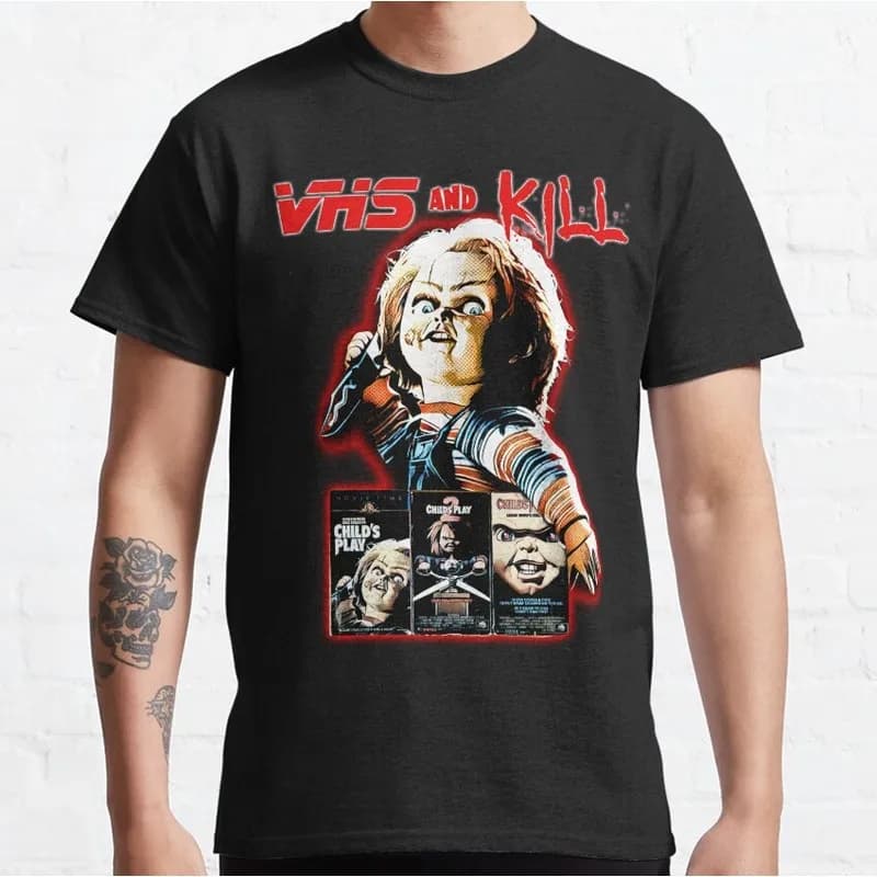 Chucky Child's Play Graphic T-Shirt Vhs and Kill Unisex Tee Cotton Short Sleeve Cult Slasher Horror Halloween Casual Tops S-6XL