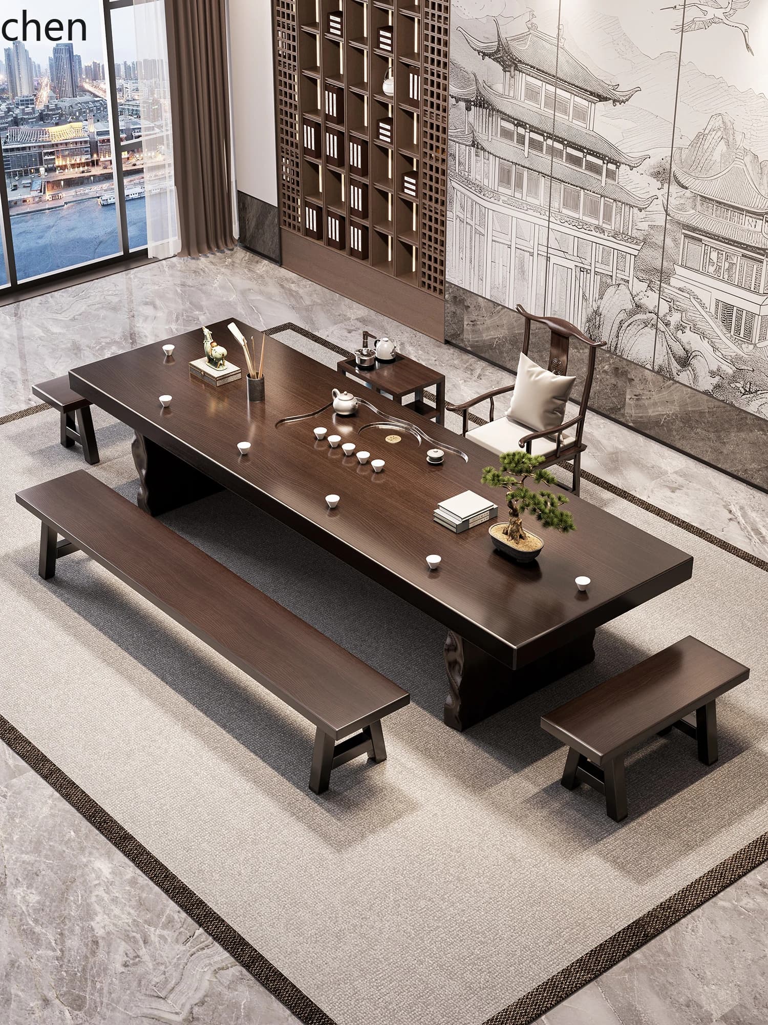 DSA Solid Wood Tea Table and Chair Set for Home Office Large Tea Brewing Table