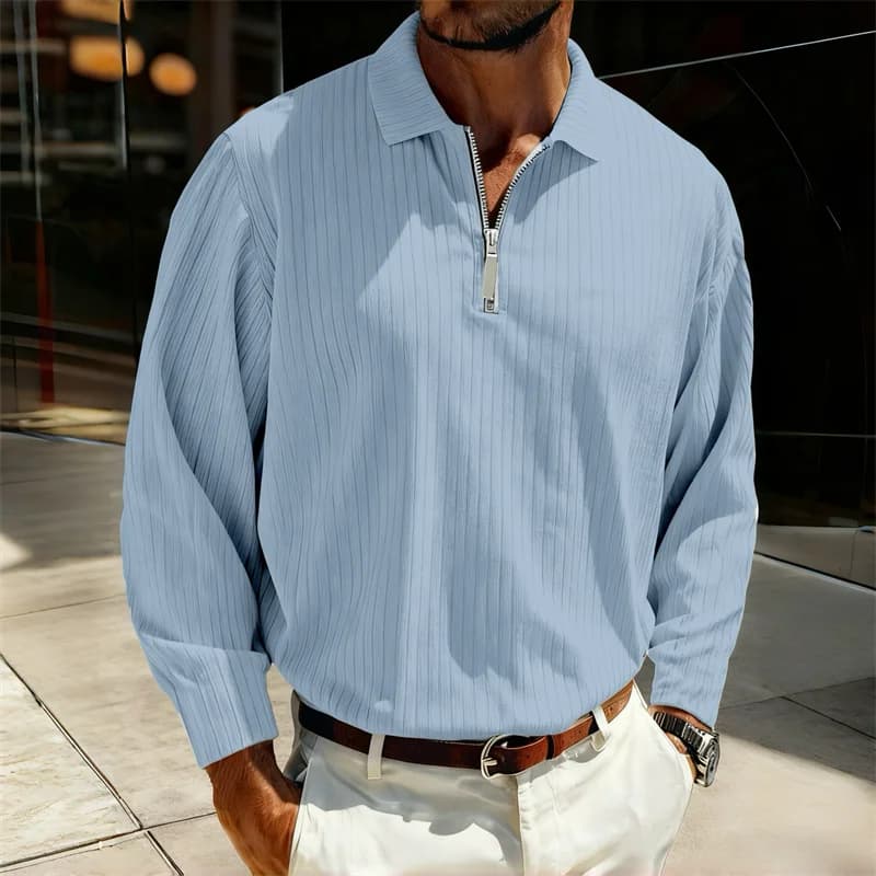 Men's Sweatshirt, Men's Polo Shirt, Solid Color Long-Sleeve Top, Men's Casual Loose Fit Zippered Polo T-shirt, Sizes S-3XL