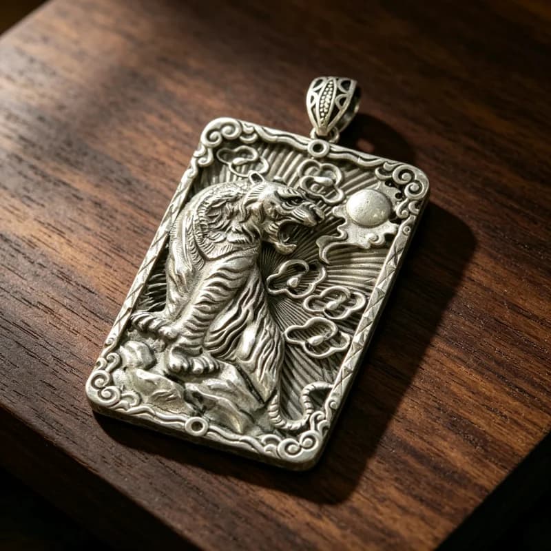 Vintage Old China Tibet Silver Handmade Relief Tiger Amulet Pendant Feng Shui Mascot Necklace Collectible Gift