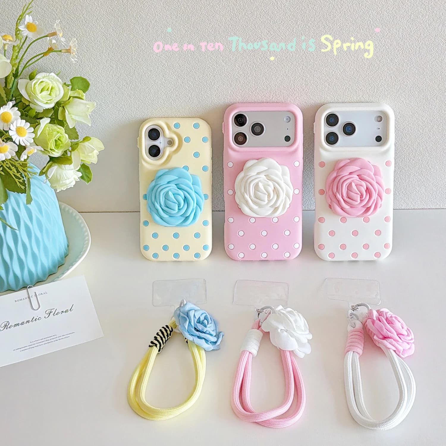 Elegant British Polka Dot 3D Rose Phone Case with Rose Grip For iPhone 13 14 15 16 17 Pro Max Soft Silicone Floral Phone Cover