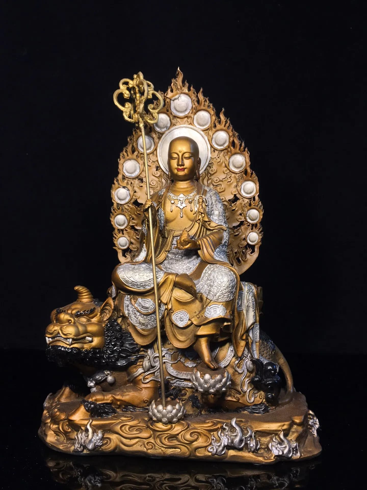 Old Bronze Gilded High Relief Painted Ksitigarbha Bodhisattva Divine beast mount Sitting Buddha Amitabha  Worship Hall