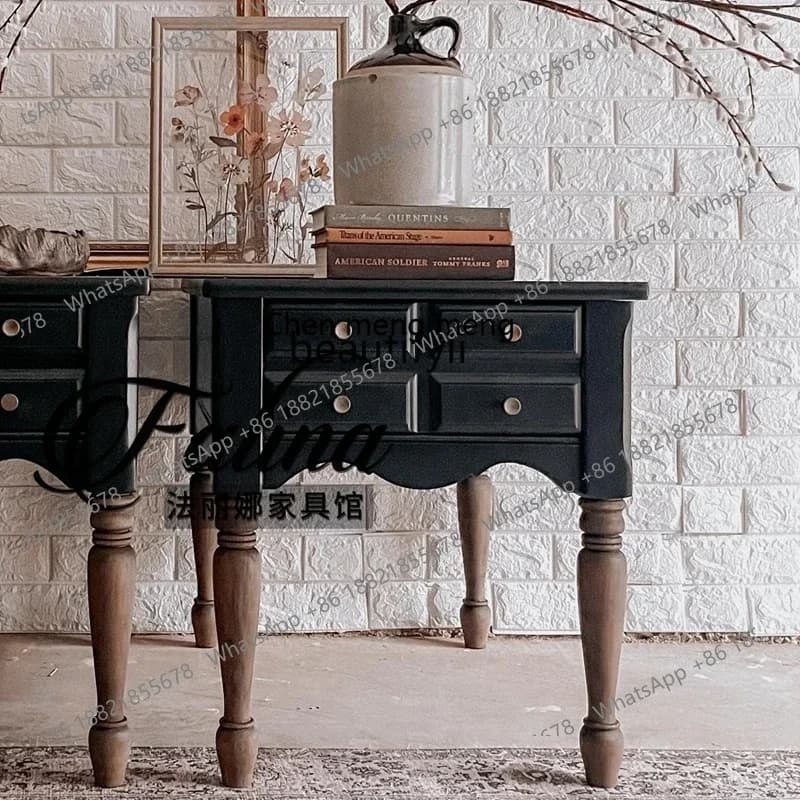 D178  French country retro style bedside table antique black high-end bedroom locker American style, chest of drawers