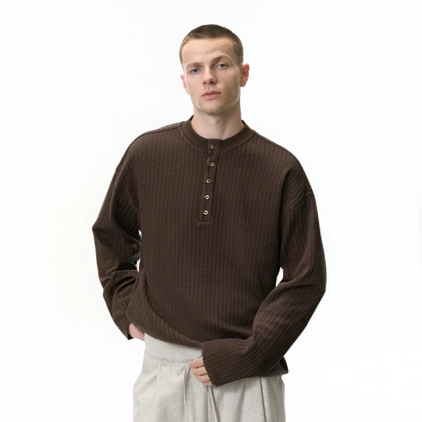 Man Knitting Base Layer 2025 Autumn New Men's Henley Neck Long Sleeve T-shirt Style Lazy Solid Color Casual Top