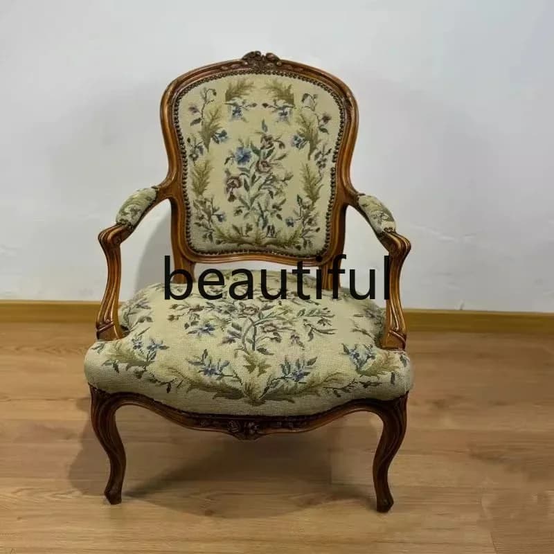 X  Retro solid wood single dining chair fabric, living room antique carved armchair sofa small apartment
