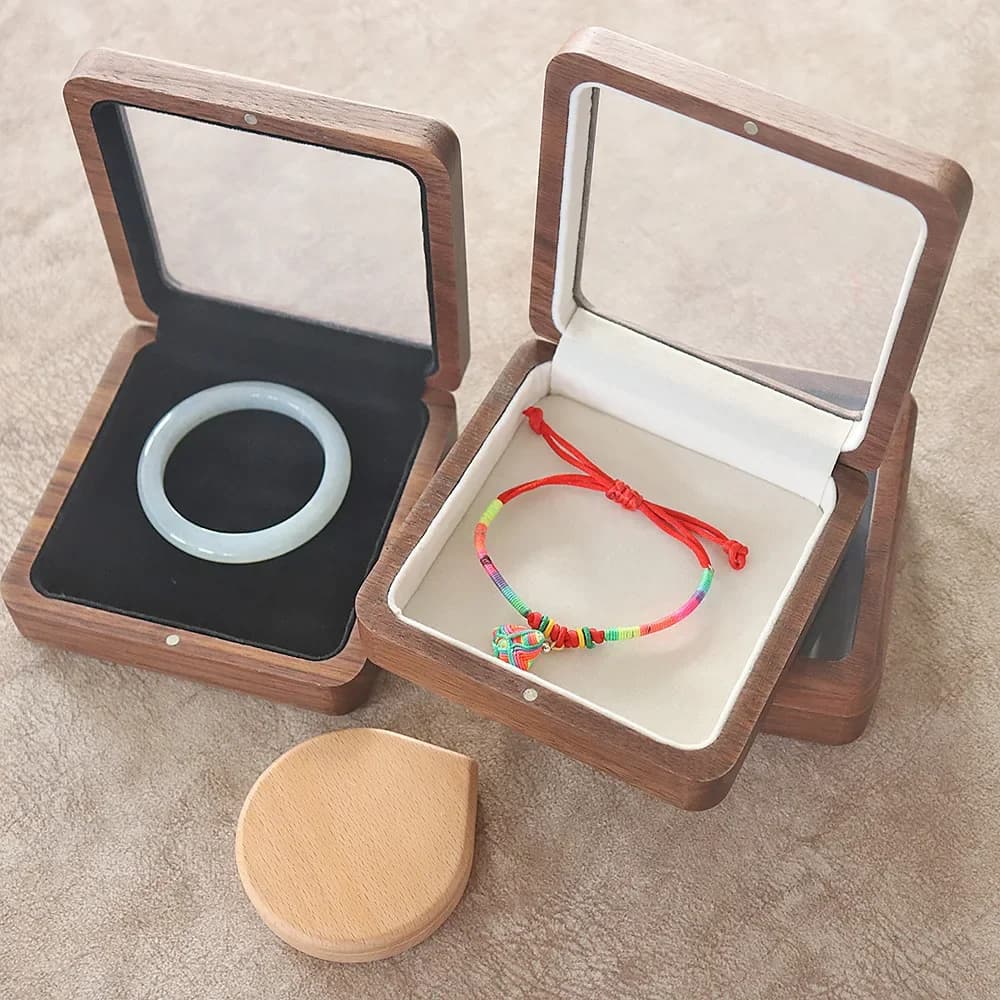 HeMu Wooden Jewelry Box with Clear Window, Magnetic Closure Bracelet Bangle Storage Case, Velvet Lined Gift Box for Jewelry