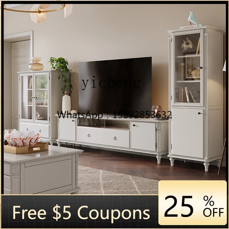 AB  Solid Wood TV Cabinet Coffee Table Combination Modern Small Apartment Living Room White TV Stand