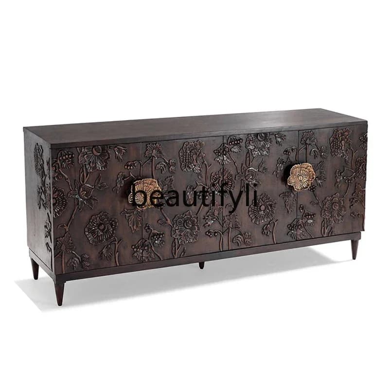 02American solid wood porch cabinet, living room engraved dining side cabinet, retro style integrated partition cabinet