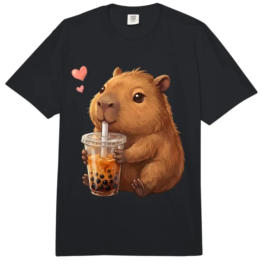 Kawaii Capybara with Bubble Tea Cute Capybara Boba Milk T-shirt For Men Women 100% Cotton T Shirts Short Sleeve Tops 0406-3
