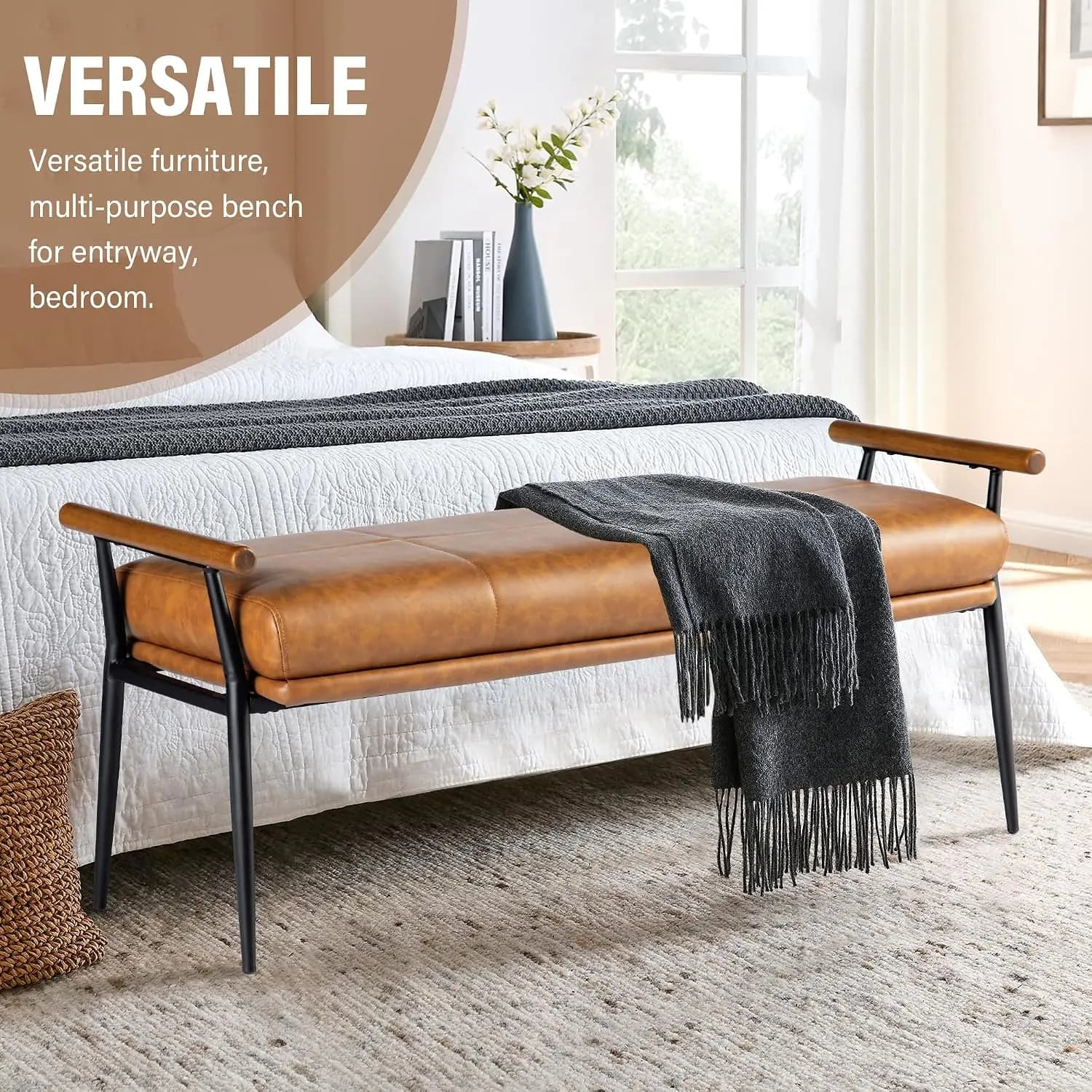 48''L End of Bed Bench with Rubberwood Handle, Leather Ottoman Bench, Entryway Shoe Bench with Metal Legs, Dining Benc