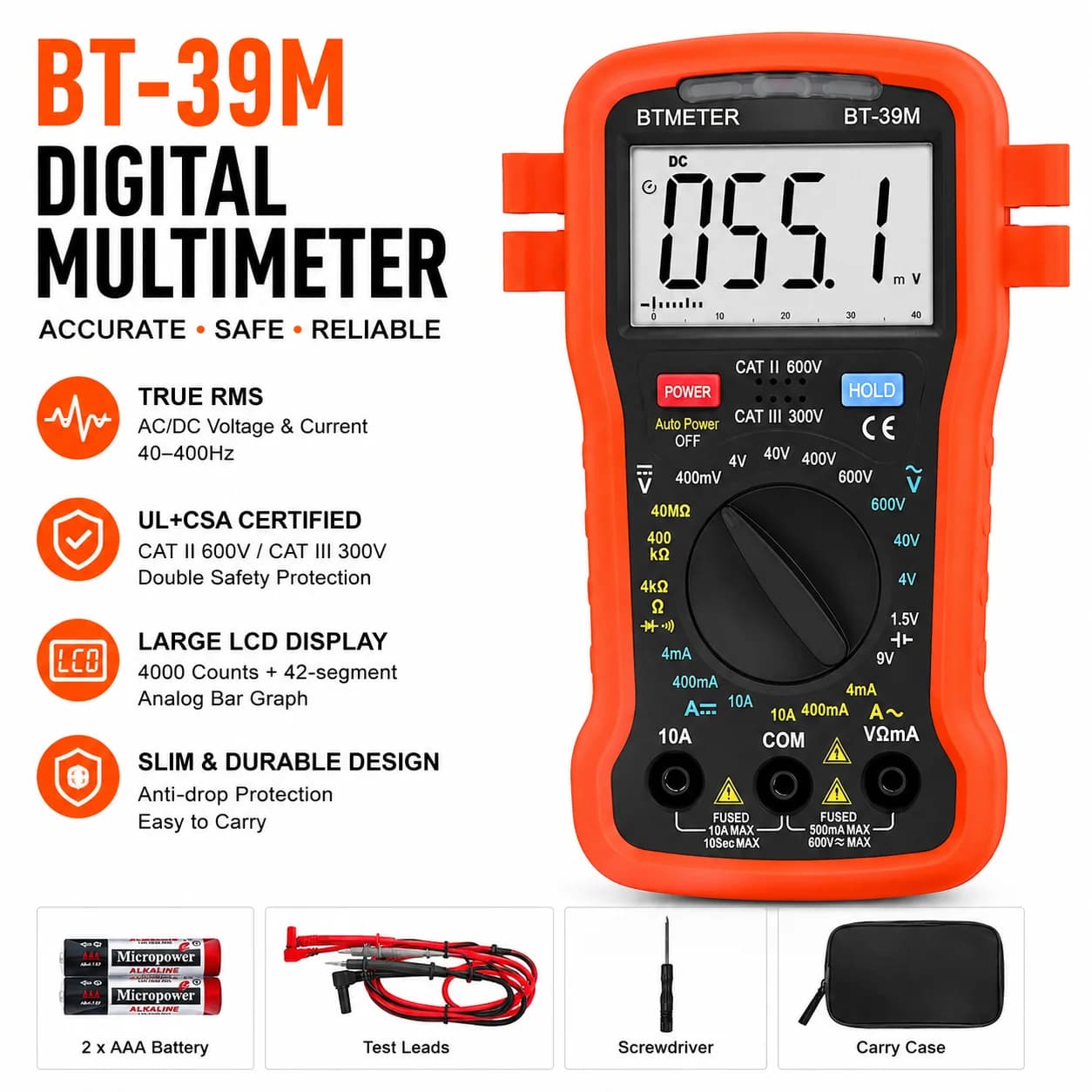 4000 Counts True RMS Digital Multimeter AC DC Volt Ohm Current Continuity Tester Portable Electrical Meter for Home DIY Car