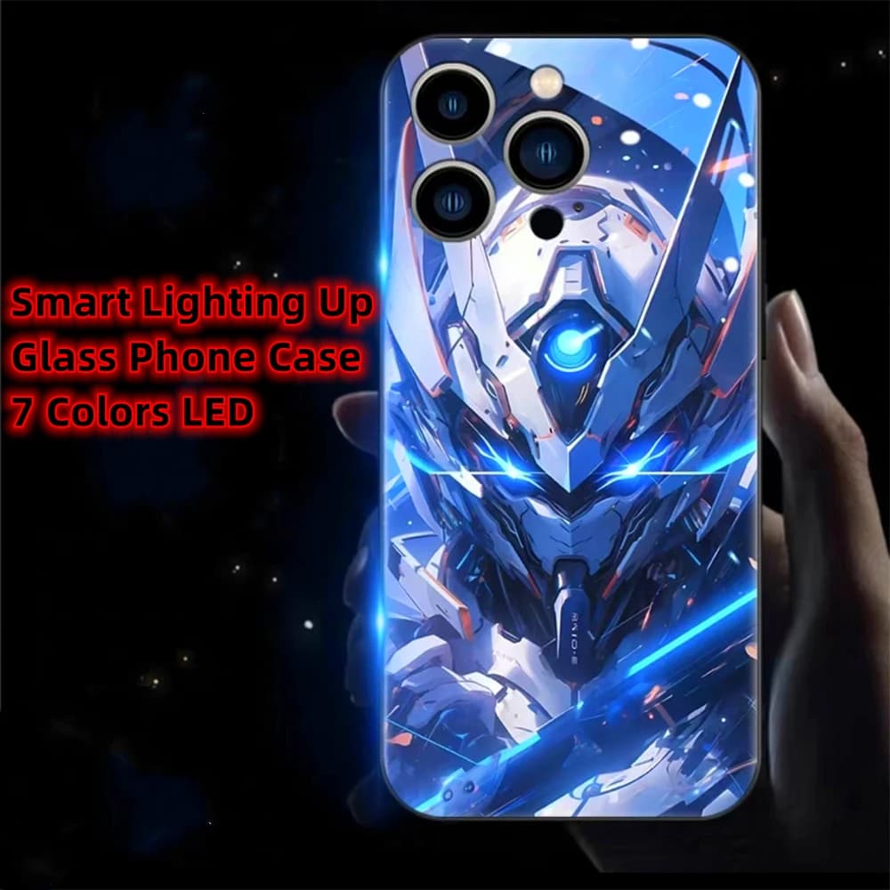 So Cool Mech Fighter Luminous Glass LED Call Light Up Flash Phone Case Cover For iPhone Air 17 16 E 15 14 13 12 11 Pro Max XR XS