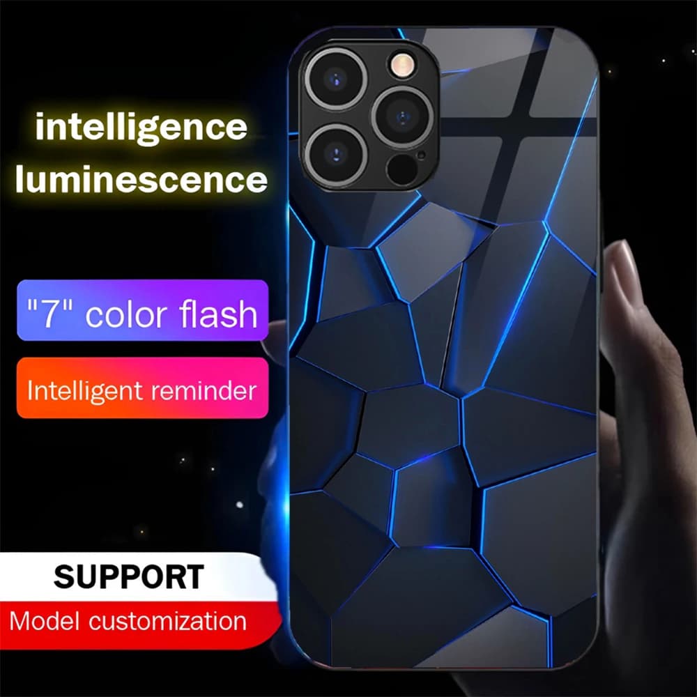 Luxury Geometry Luminous Phone Case LED Light Glass Shockproof Cover For iPhone Air 17 16 E 15 14 13 12 11 Pro Max XR XS Plus