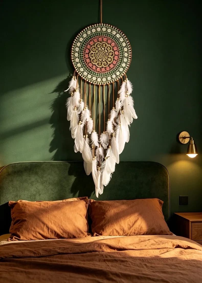 Handmade Round Feather Indoor Bedroom Decoration, Bohemian Style Wall Hanging Dream Net, Festival Blessing Gift